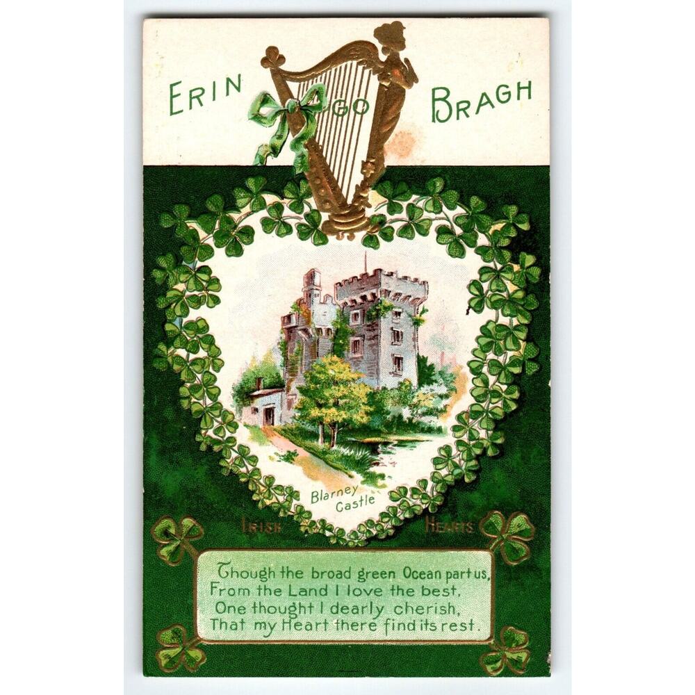 St Patrick's Day Postcard Blarney Castle Erin Go Bragh Harp Clovers Embossed